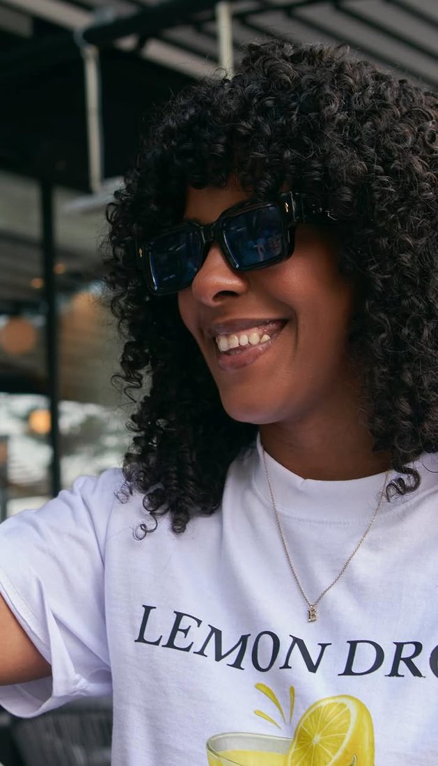 Lemon Drop tee, close up smiling